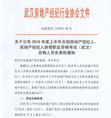 2018上半年全国房地产经纪人、经纪人协理职业资格考试(武汉)合格人员名单